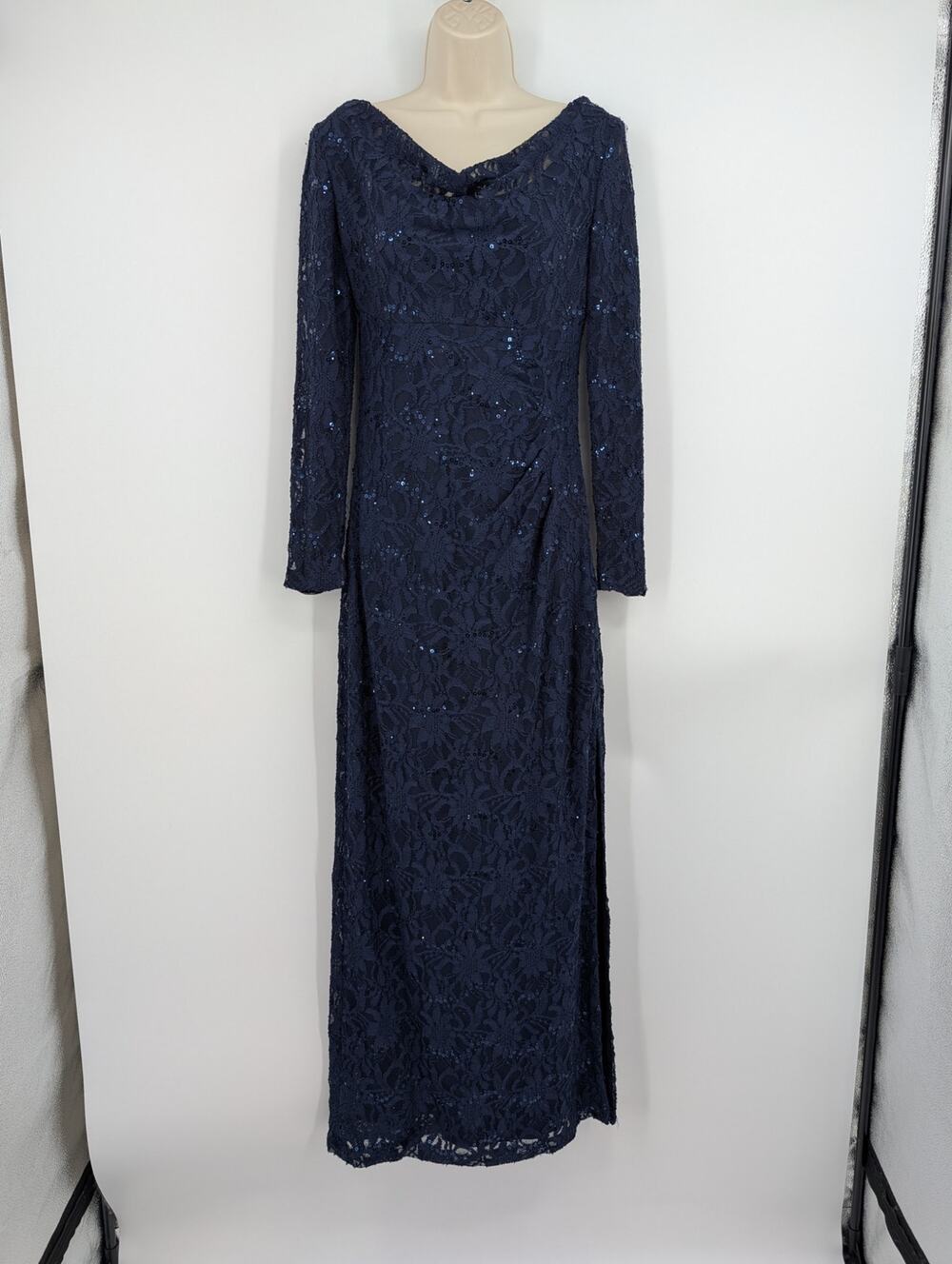 Lauren Ralph Lauren Evening Blue Sequence Gown 8 Lace Off Shoulder Glam Gala